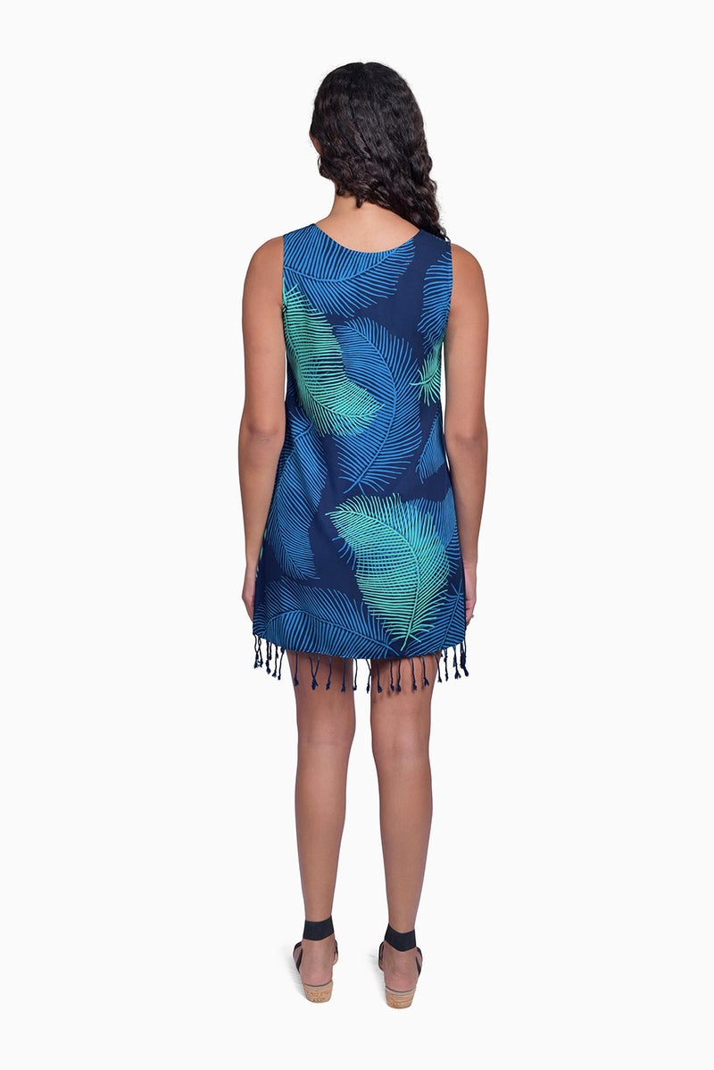 Blue & Turquoise (Ocean) - Handmade Batik Tank Frill Dress - Palm Design