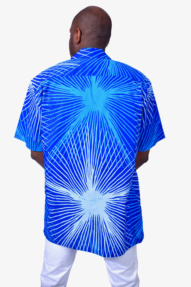 Blue & White (Sky) - Handmade Batik Men’s Shirt - Starburst Design 