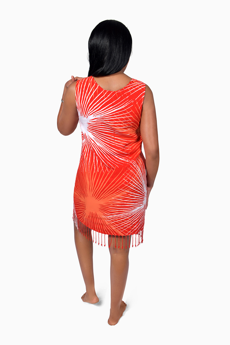 Red, Orange & White (Pomegranate) -  Handmade Batik Tank Frill Dress - Starburst Design