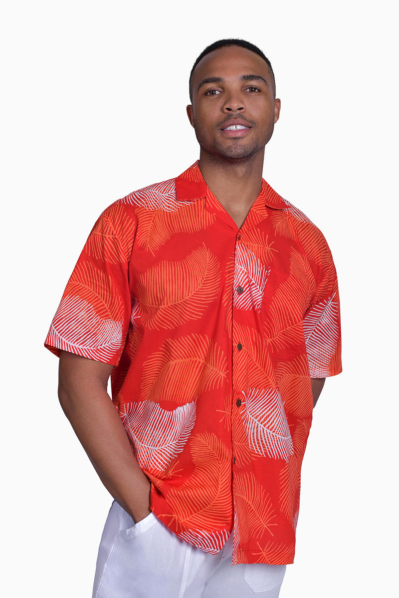Red, Orange & White (Pomegranate) - Handmade Batik Men’s Shirt - Palm Design 