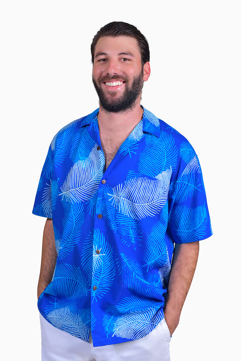 Blue & White (Sky) - Handmade Batik Men’s Shirt - Palm Design 