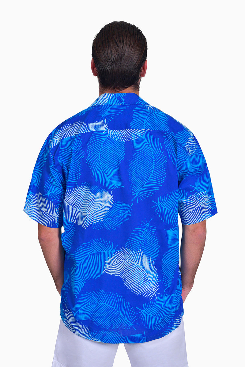 Blue & White (Sky) - Handmade Batik Men’s Shirt - Palm Design 
