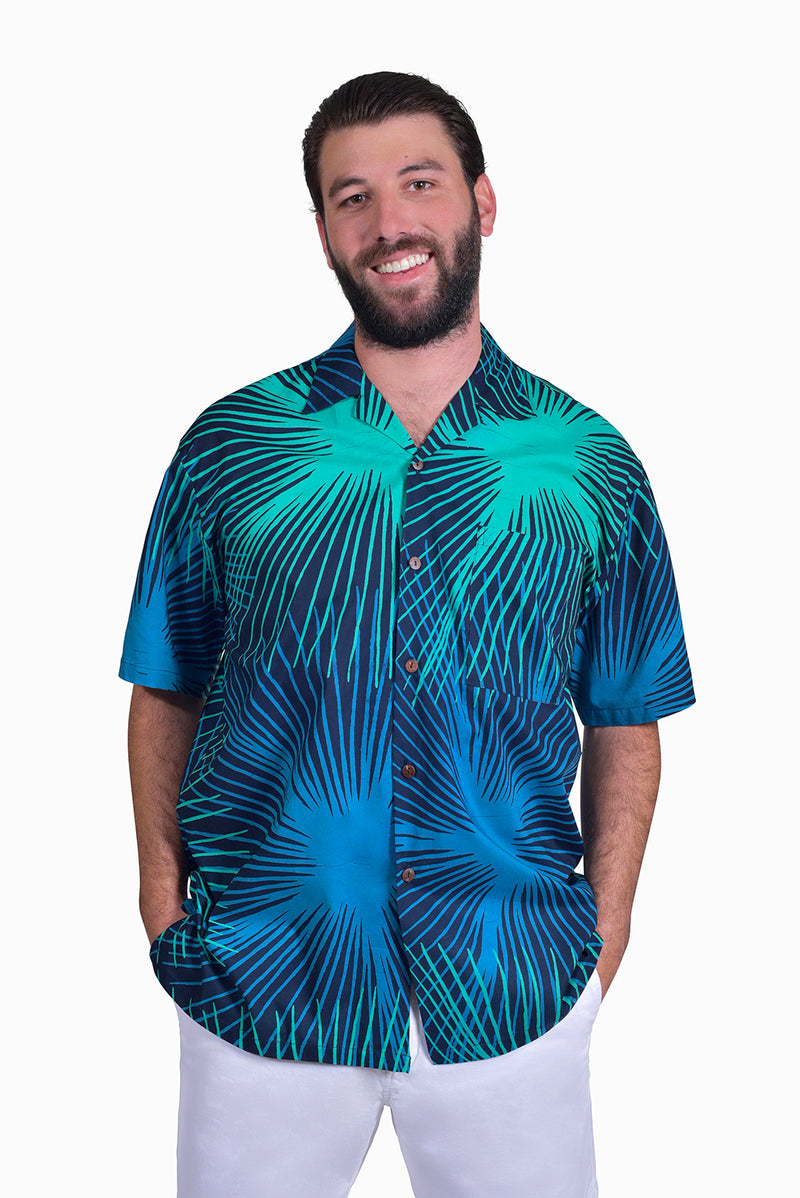 Navy & Turquoise (Ocean) - Handmade Batik Men’s Shirt - Starburst Design 