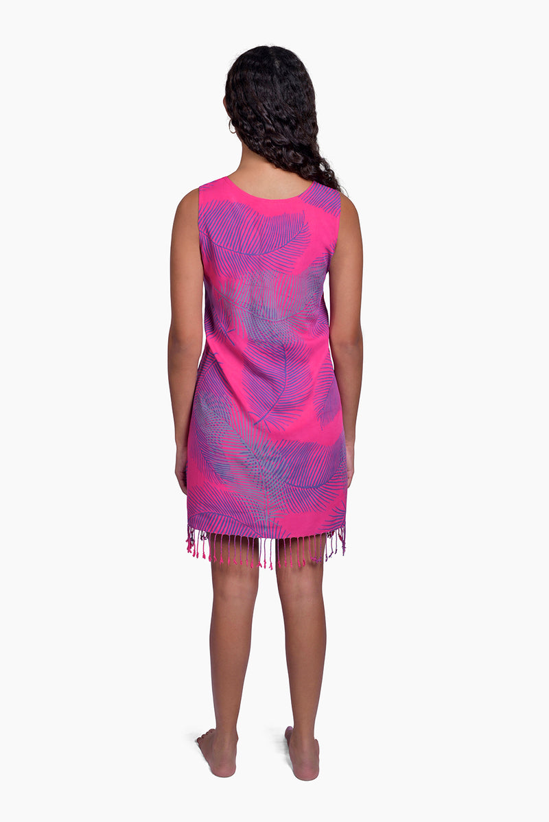Pink, Purple & Grey (Bougainvillea) -  Handmade Batik Tank Frill Dress - Palm Design