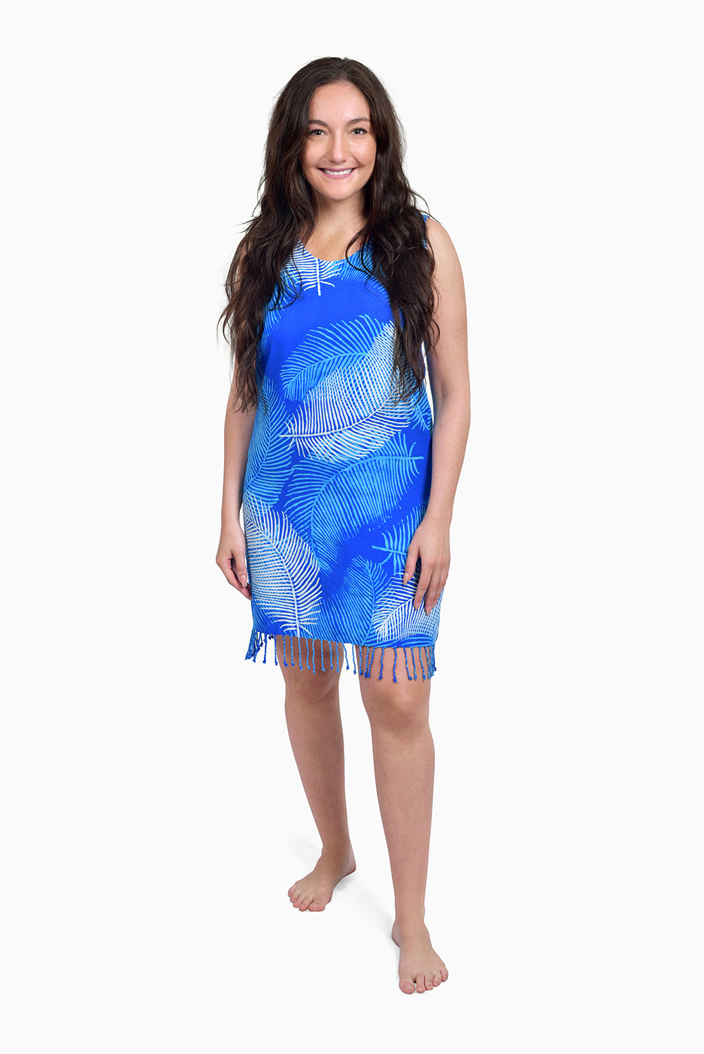 Blue & White (Sky) -  Handmade Batik Tank Frill Dress - Palm Design