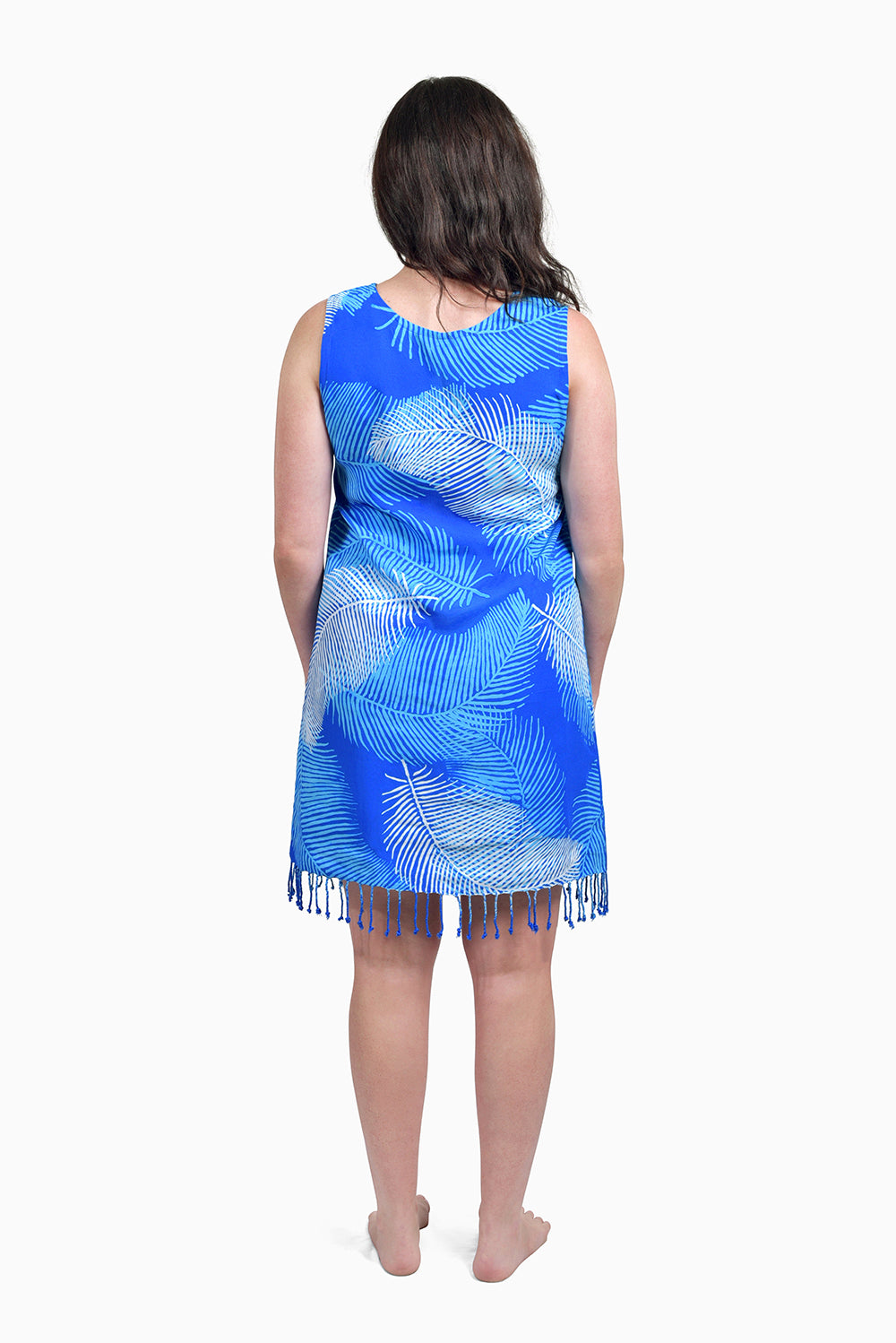 Blue & White (Sky) -  Handmade Batik Tank Frill Dress - Palm Design