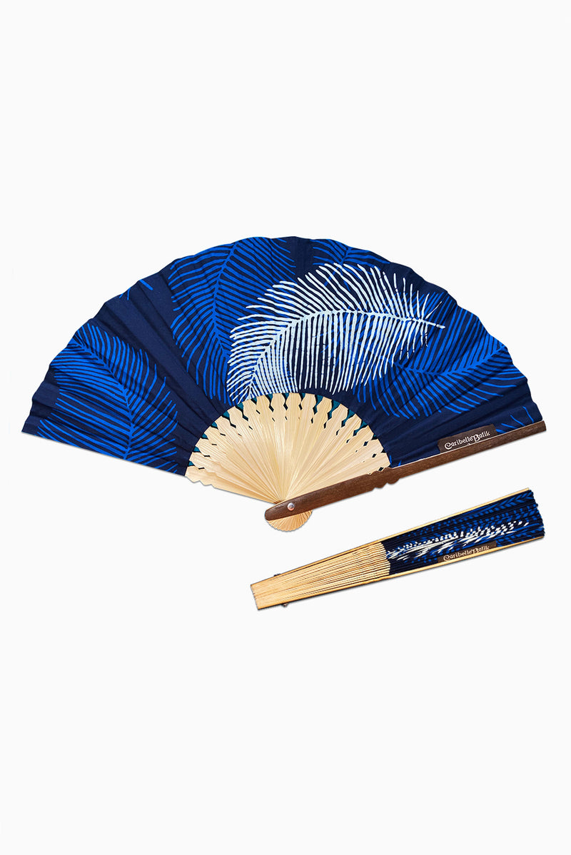 Navy & White (Bluetifful) - Handmade Batik Folding Fan - Palm Design